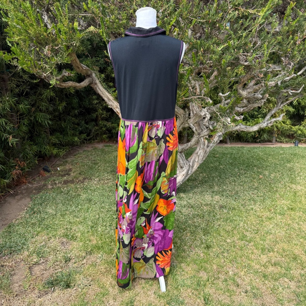 Carole Little Sleeveless Maxi Dress Black Floral Tropical Button Front USA 10 - Picture 4 of 10